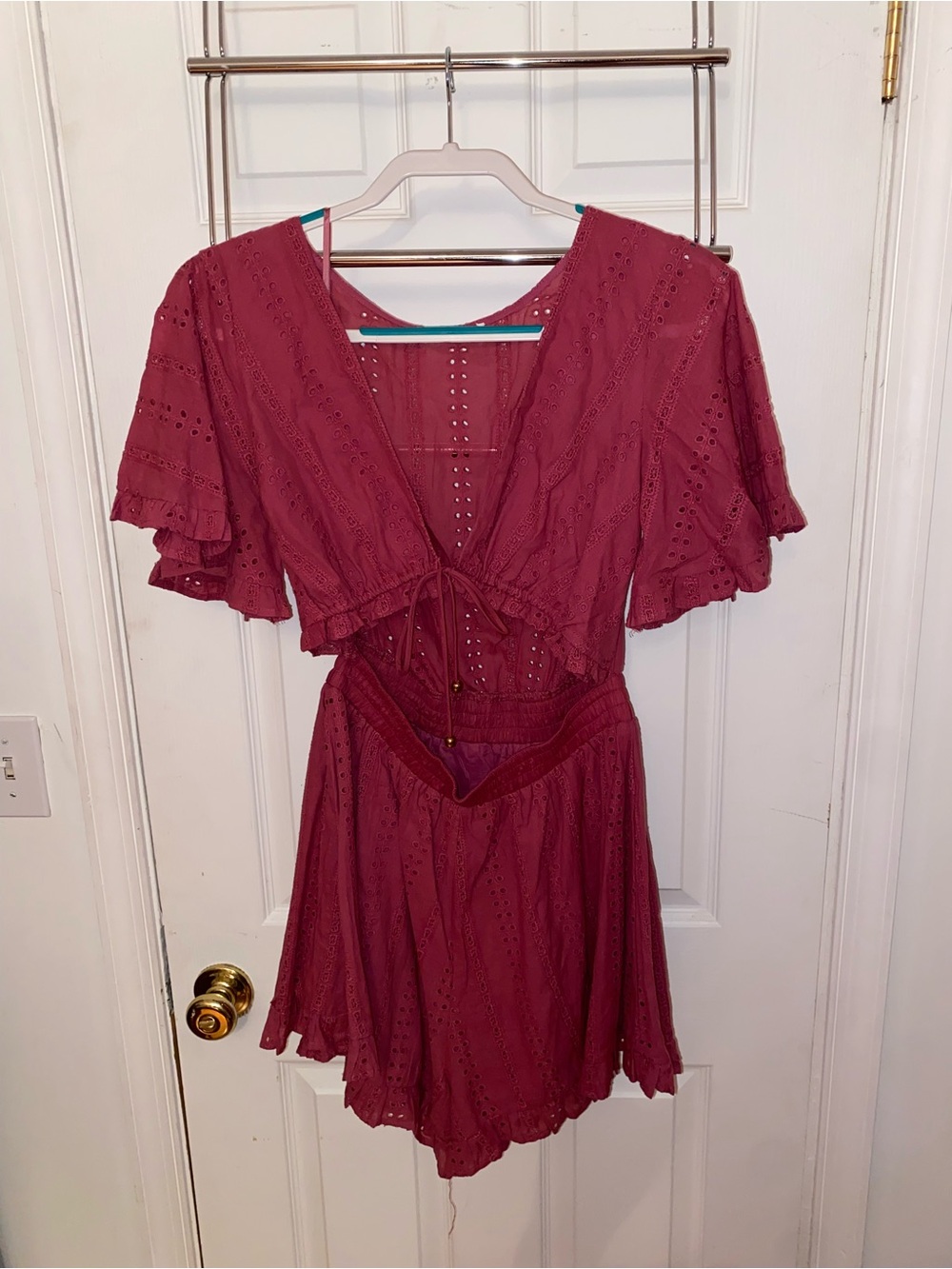 Hello Molly Burgundy Eyelet Romper with Tie Front